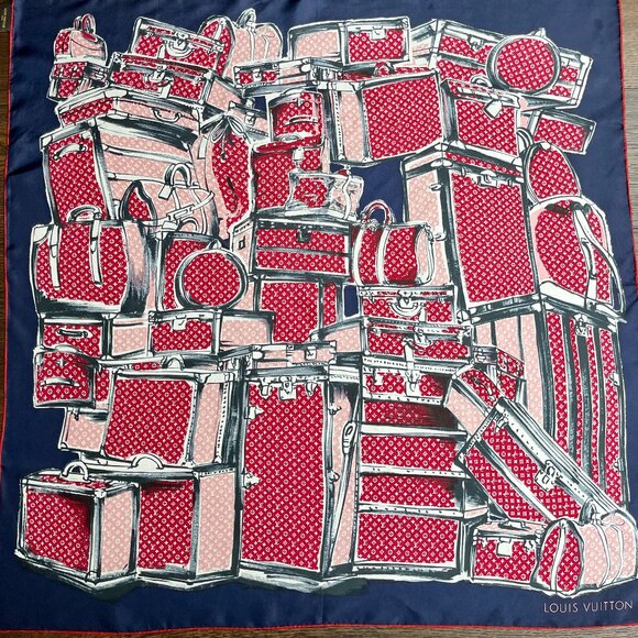 New Louis Vuitton Scarf Trunks Luggage Monogram Blue Red Silk Wrap - Picture 7 of 16